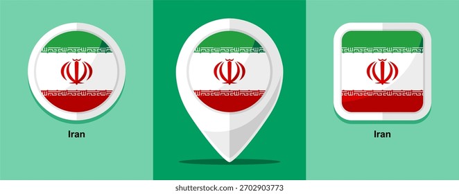 Diseño plano Irán Bandera Mapa redondo y cuadrado sobre fondo verde