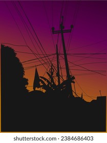 Flat design of irregular power cables are characteristic of regions in Indonesia. Cityscape. Horizon. 