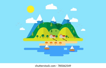 flat design island with mountain ,resort and beach,bird flying in the sky,flat concept