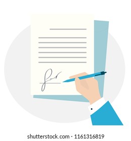 flat design isolated blue. Business man hand signing fictitious fake signature  document vector illustration, person hold contract signed and pen, legal agreement with signature and stamp top view