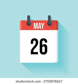 Diseño plano, ilustración aislada del icono del calendario que presenta el 26 de mayo que se muestra en una página de calendario blanca con el encabezado rojo, establecido contra un fondo azul claro.