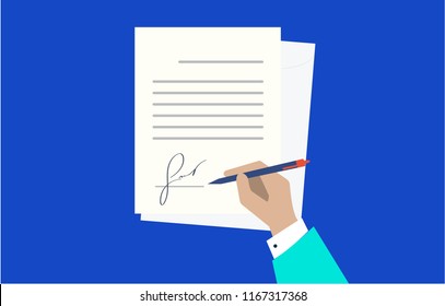 flat design isolated purple bright blue. Business man hand signing fake signature document vector illustration, person hold contract signed and pen, legal agreement with signature and stamp top view