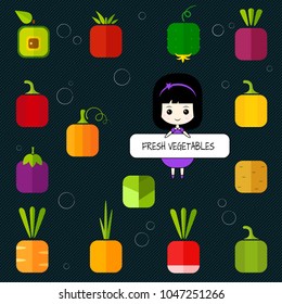Flat design isolated square vegetable icon set. Cute cartoon chibi girl with sign Fresh Vegetables and square symbol set of green, red and yellow vegetables. Vector illustration for trendy food design