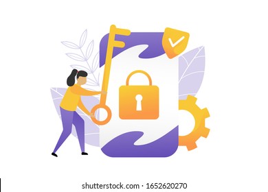 concepto de ilustración vectorial de aplicación móvil de seguridad. mostrando a la gente sosteniendo la llave para proteger el teléfono del virus. adecuado para página de inicio, ui, banner web, aplicación móvil, presentación y otros