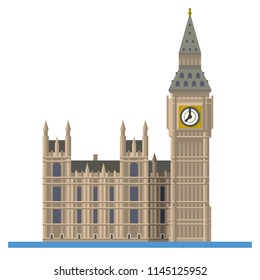 Flat design isolated vector icon of Big Ben, the Elizabeth Tower at Westminster Palace, London, England