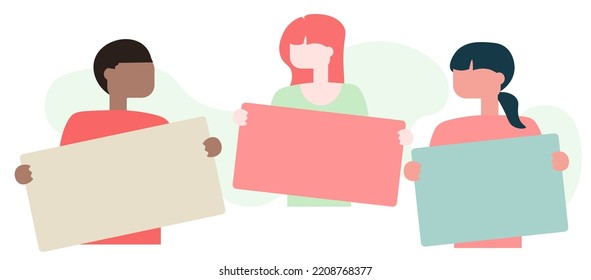 Flat Design Isolated Vector Illustration Of Teenage Black Man, Pink And Sporty Pony Tail Hair Woman Holding Empty Black Free Copy Space Rectangle Banner For You To Fill Your Own Text 