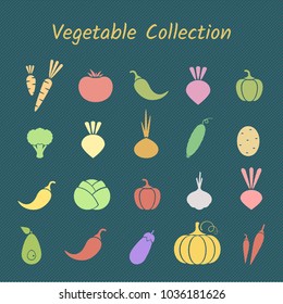 Flat design isolated vegetable icon set. Vector illustration with set of green, red and yellow fresh vegetables in pastel colors for fresh eco product symbol or healthy food vegeterian restaurant.