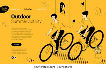 Flat design isomentric illustration of man and woman riding bike web page template.  Vector concept for  presentation, application, infographics and web banner.