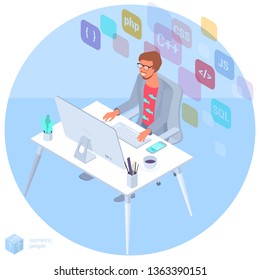 Flat design isomentric illustration of programmer at work.  Vector concept for  presentation, application, infographics and web banner.
