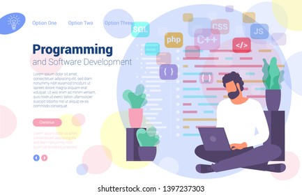 Flat design isomentric illustration of programmer at work.  Vector concept for  presentation, application, infographics and web banner.