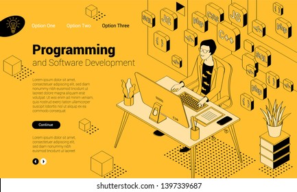 Flat design isomentric illustration of programmer at work.  Vector concept for  presentation, application, infographics and web banner.