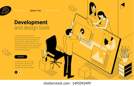 Flat design isomentric illustration template of mobile app development tools. Vector concept for presentation, application, infographics and web banner.