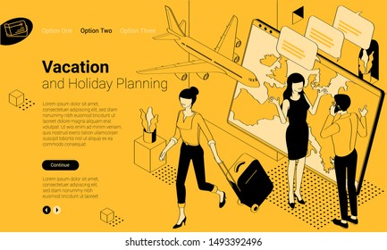 Flat design isomentric template of vacation and holiday planning. Vector concept for presentation, application, infographics, web banner for airticket and hotel booking, travel andadventure.