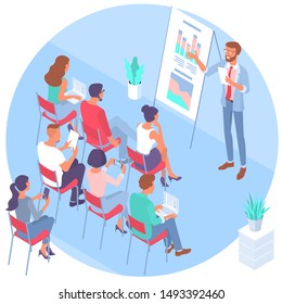 Flat design isometric business training coaching and courses concept for web banner, infographics, mobile app and poster.