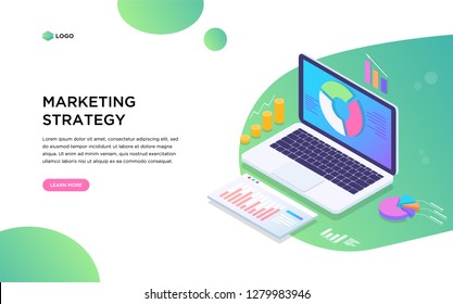 flat design isometric concept of Marketing Strategy for banner and website. Landing page template. Business analysis, content strategy and management concept. Vector illustration