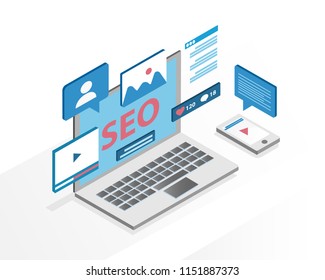 diseño plano concepto isométrico de optimización Seo para sitio web y sitio web móvil. Ilustración del vector