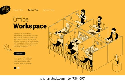 Flat design isometric landing page vector concept for modern office coworking space. Company stuff working in office cabins. Flat design vector template for web banner, web page and mobile app.