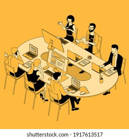 Flat design isometric landing page vector concept for teamwork effective cooperation. Flat design vector template for web banner, web page and mobile app.
