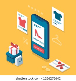 Flat design isometric online shopping e-commerce concept: smartphone, boxes,card,coins, shopping bag, product cards. Can be used for hero images and web sites and apps