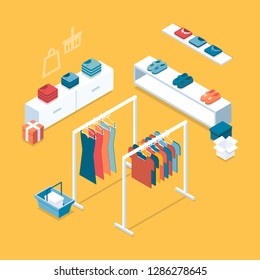 Flat design isometric online shopping e-commerce concept: tablet, boxes, shoes, clothes on hanger and rack, shopping bag.  Boutique, clothing store.Can be used for hero images and web sites and apps