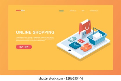 Flat design isometric online shopping e-commerce concept: tablet, box, shoes, clothes, shopping bag, cart.  Boutique, clothing store. Landing page template