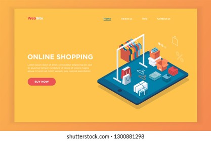 Flat design isometric online shopping e-commerce concept: tablet, boxes, shoes, clothes on hanger and rack, shopping bag.  Boutique, clothing store.Can be used for hero images and web sites and apps