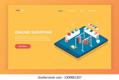 Flat design isometric online shopping e-commerce concept: tablet, boxes, shoes, clothes on hanger and rack, shopping bag.  Boutique, clothing store.Can be used for hero images and web sites and apps