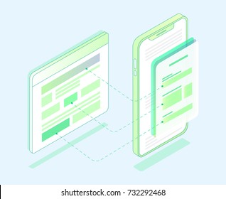 Flat design Isometric Prototype of site page and mobile version. Sketch mobile website. Interface UI, vector illustration