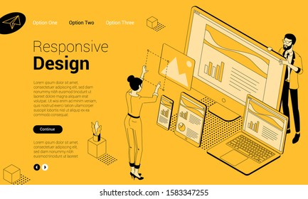 Flat design isometric vector concept for UX UI, responsive web design development with people characters. Ready to use template for web page, banner, landing, icon, mobile app and presentation.