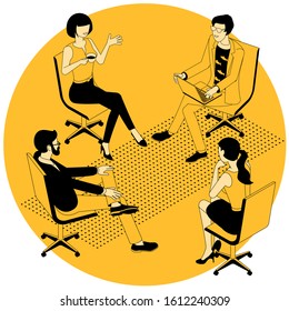 Flat design isometric vector concept for group therapy session. sitting in a circle. People participating in group therapy for social skills training.