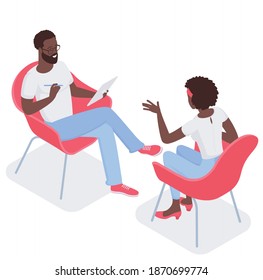 Flat design isometric vector concept for psychotherapy session. Afroamerican patient with psychologist, psychotherapist office. Psychiatrist session in mental health clinic.