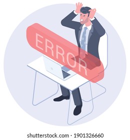 Flat design isometric vector concept of the error message with andry annoyed businessman having problem with computer lost important data after crirtical error.