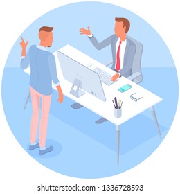 Flat design isometric vector illustration of young men business communication in the modern office. Trendy color concept of   teamwork and workflow for presentation, website and app design.