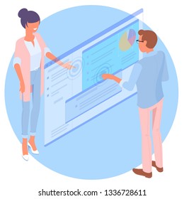 Flat design isometric vector illustration of young man and woman are communication through web interface. Developers building and testing  mobile app. Customer suupport interface technology concept.
