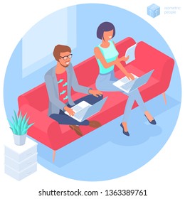 Flat design isometric vector illustration of young man and woman business communication in the modern office. Trendy color concept of   teamwork and workflow for presentation, website and app design.