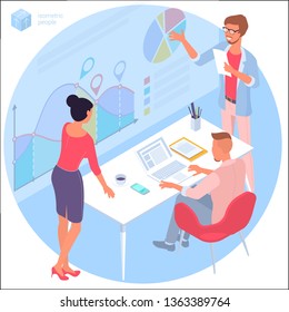 Flat design isometric vector illustration of young man and woman business communication in the modern office. Trendy color concept of   teamwork and workflow for presentation, website and app design.