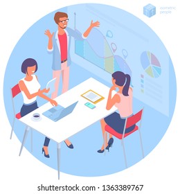 Flat design isometric vector illustration of young man and woman business communication in the modern office. Trendy color concept of   teamwork and workflow for presentation, website and app design.