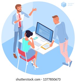 Flat design isometric vector illustration of young man and woman business communication in the modern office. Trendy color concept of   teamwork and workflow for presentation, website and app design.