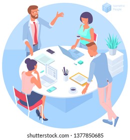 Flat design isometric vector illustration of young man and woman business communication in the modern office. Trendy color concept of   teamwork and workflow for presentation, website and app design.