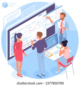 Flat design isometric vector illustration of young man and woman business communication in the modern office. Trendy color concept of   teamwork and workflow for presentation, website and app design.