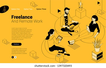 Flat design isometric vector illustration of young man and woman creative communication in the modern co-working. Trendy color concept of   teamwork and workflow for presentation, website and app design