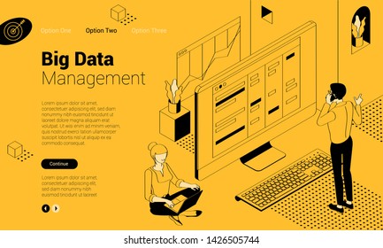 Flat design isometric vector illustration of young man and woman business communication in the modern office. Trendy color concept of   teamwork and workflow for presentation, website and app design.