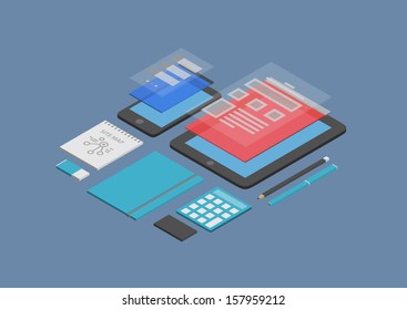 Flat design isometric vector illustration concept of mobile web design and user interface development on modern devices. Isolated on dark blue background 