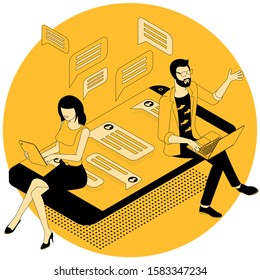 Flaches design isometrische Vektorgrafik der Geschäftskommunikation junger Männer und Frauen in der modernen Büro. Trendfarbiges Teamwork-Konzept und Workflow für Präsentation, Website und App-Design.