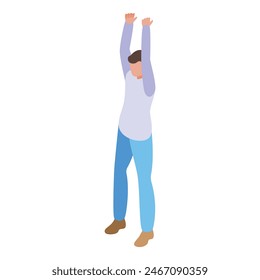 Flat design isometric vector of a man stretching arms high, isolated on white