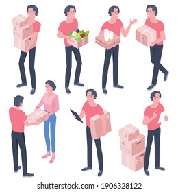 Flat design isometric vector set of delivery man with cardboard boxes isolated on white. The concept of courier delivery to the door. Vector illustration