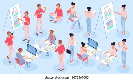 Flat design isometric vector young men and  women character business and office professotal activities, jobs and poses set. Trendy color concept of  teamwork for presentation, website and app design.
