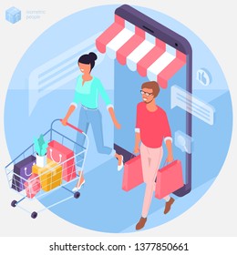 Modelo de página da Web isométrica de design plano para compras on-line, marketing digital, estratégia de negócios e análise. Conceito de ilustração vetorial moderno para site e aplicativo móvel.
