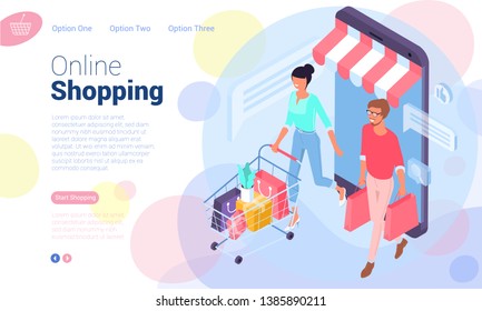Flat design  isometric web page template for online shopping, digital marketing,  business strategy and analytics. Trendy vector  illustration concept for website and mobile app.