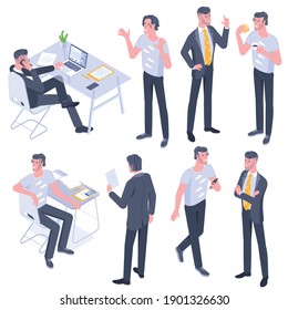 Flat design isometric young men characters poses, gestures and activities set. Office working, learning, walking, communicating, having lunch, standing with crossed hands people characters.